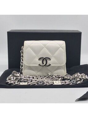 Chanel Caviar Leather Micro Quilted Chain Shoulder Bag White Price Negotiation